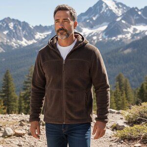 Orvis Brown Full-Zip Hooded Waffle Grid Fleece Jacket Plush Loft